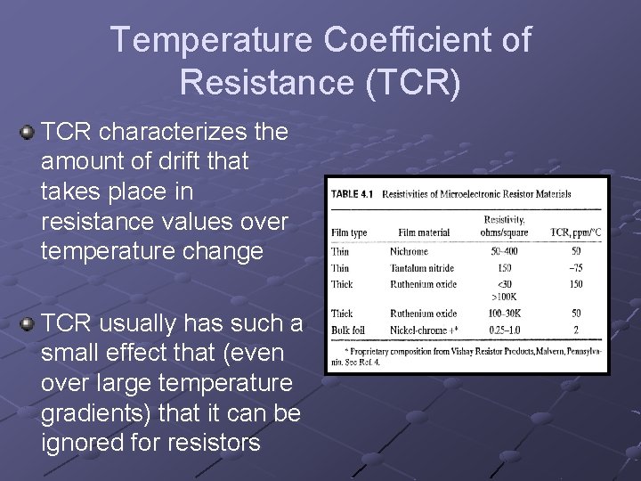 Temperature Coefficient of Resistance (TCR) TCR characterizes the amount of drift that takes place