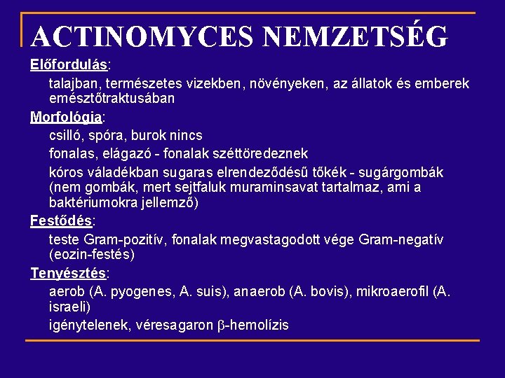 ACTINOMYCES NEMZETSÉG Előfordulás: talajban, természetes vizekben, növényeken, az állatok és emberek emésztőtraktusában Morfológia: csilló,