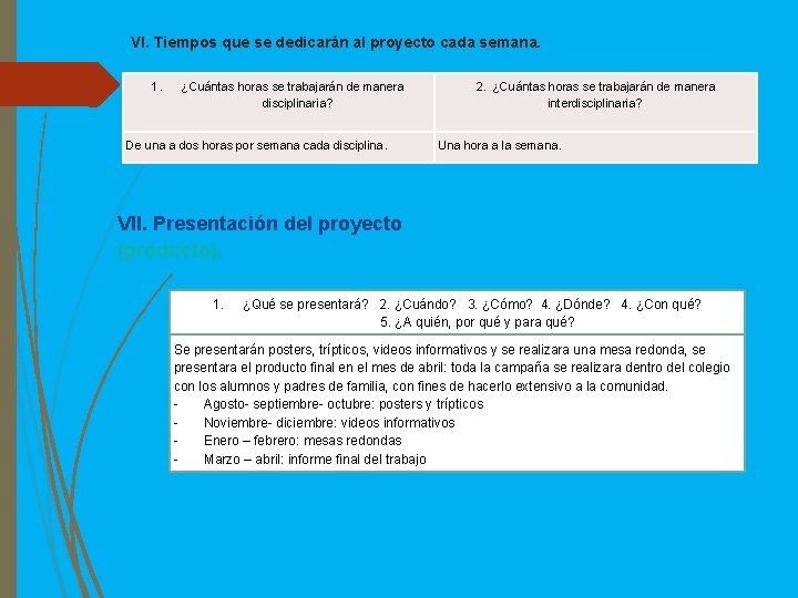  VI. Tiempos que se dedicarán al proyecto cada semana. 1. ¿Cuántas horas se