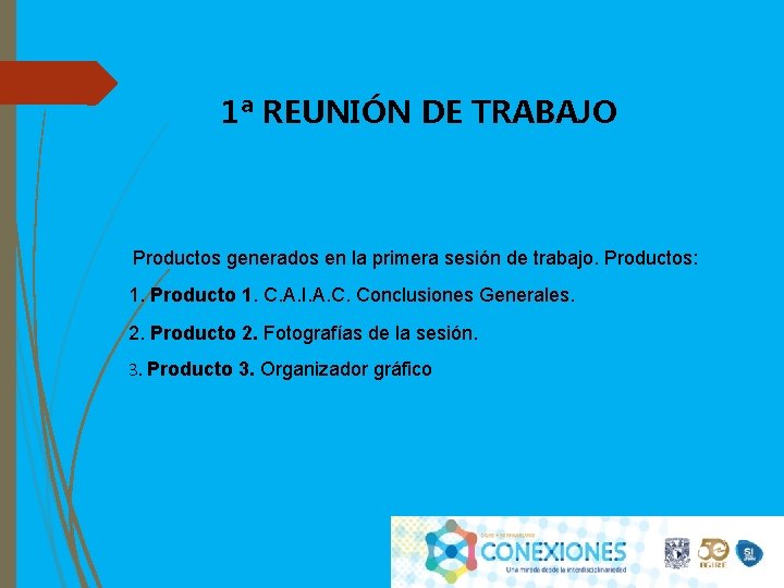 1ª REUNIÓN DE TRABAJO Productos generados en la primera sesión de trabajo. Productos: 1.