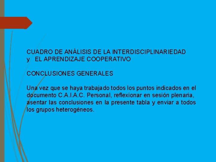 CUADRO DE ANÁLISIS DE LA INTERDISCIPLINARIEDAD y EL APRENDIZAJE COOPERATIVO CONCLUSIONES GENERALES Una vez