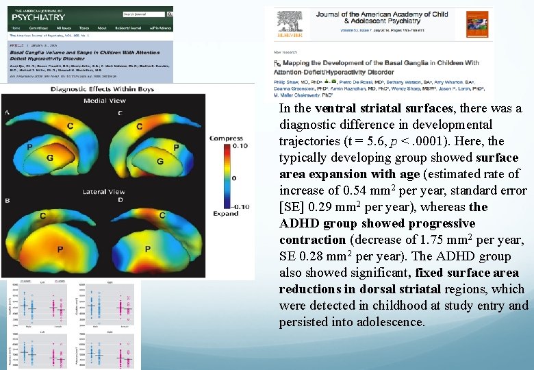 In the ventral striatal surfaces, there was a diagnostic difference in developmental trajectories (t