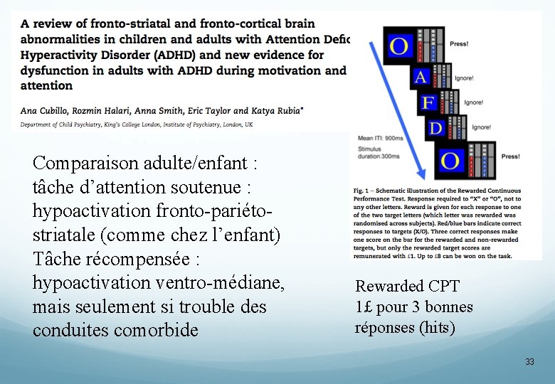 Comparaison adulte/enfant : tâche d’attention soutenue : hypoactivation fronto-pariétostriatale (comme chez l’enfant) Tâche récompensée