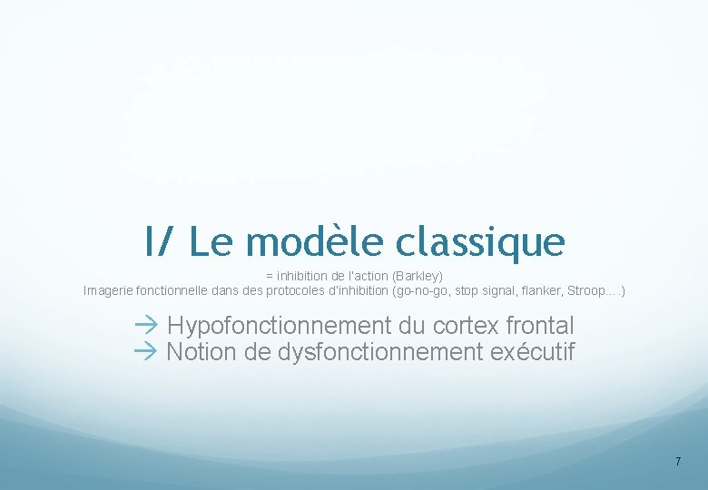 I/ Le modèle classique = inhibition de l’action (Barkley) Imagerie fonctionnelle dans des protocoles