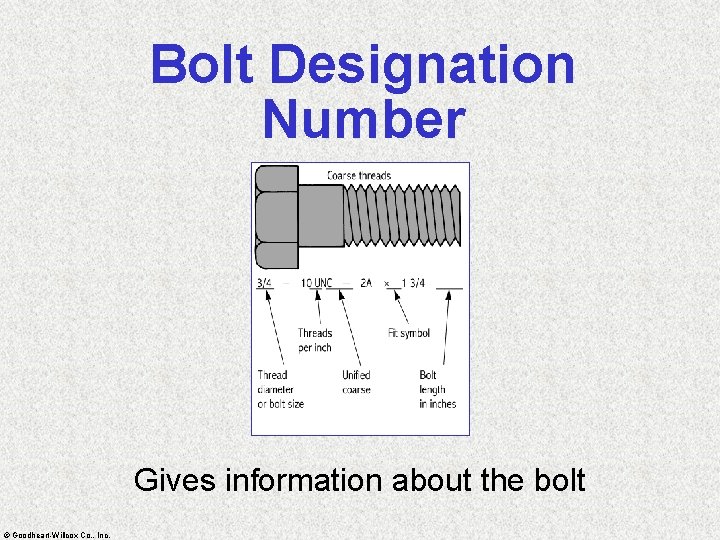 Bolt Designation Number Gives information about the bolt © Goodheart-Willcox Co. , Inc. 