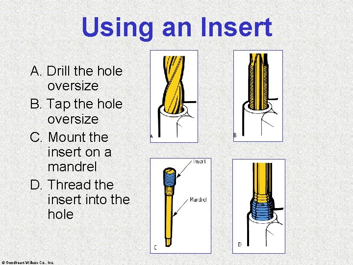 Using an Insert A. Drill the hole oversize B. Tap the hole oversize C.