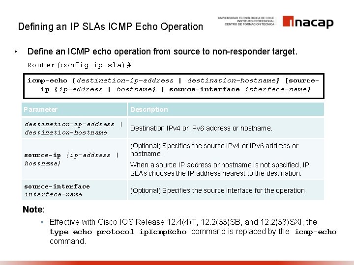 Defining an IP SLAs ICMP Echo Operation • Define an ICMP echo operation from