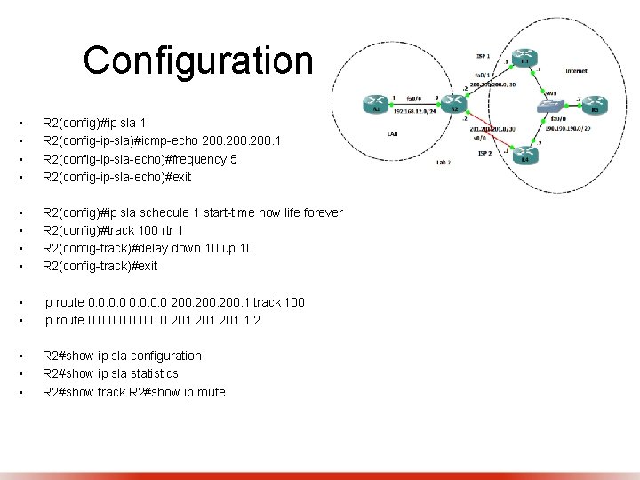 Configuration • • R 2(config)#ip sla 1 R 2(config-ip-sla)#icmp-echo 200. 1 R 2(config-ip-sla-echo)#frequency 5