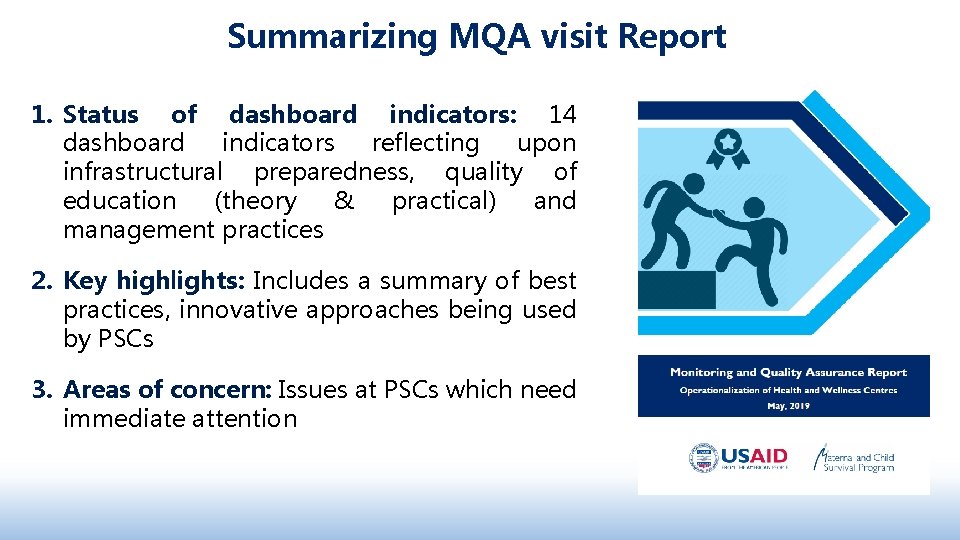 Summarizing MQA visit Report 1. Status of dashboard indicators: 14 dashboard indicators reflecting upon