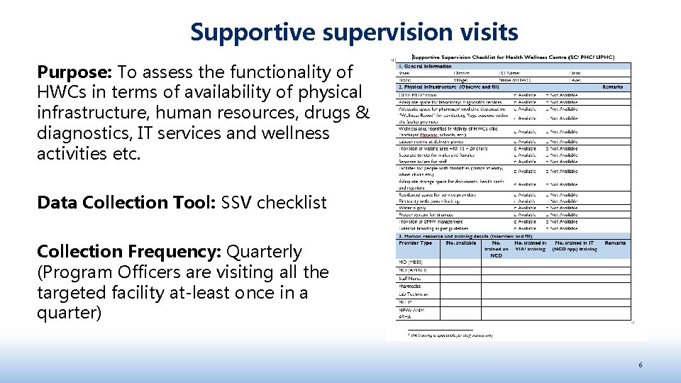 Supportive supervision visits Purpose: To assess the functionality of HWCs in terms of availability