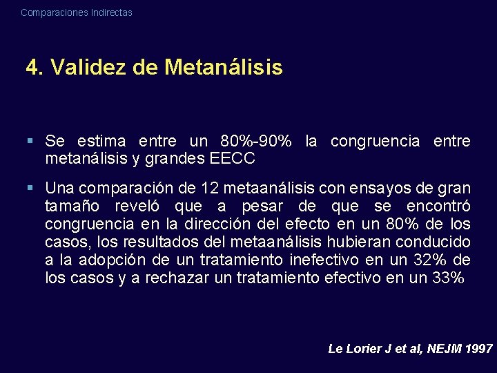 Comparaciones Indirectas 4. Validez de Metanálisis § Se estima entre un 80%-90% la congruencia Comparaciones Indirectas 4. Validez de Metanálisis § Se estima entre un 80%-90% la congruencia