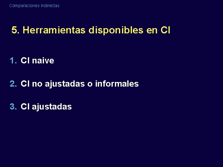 Comparaciones Indirectas 5. Herramientas disponibles en CI 1. CI naive 2. CI no ajustadas Comparaciones Indirectas 5. Herramientas disponibles en CI 1. CI naive 2. CI no ajustadas