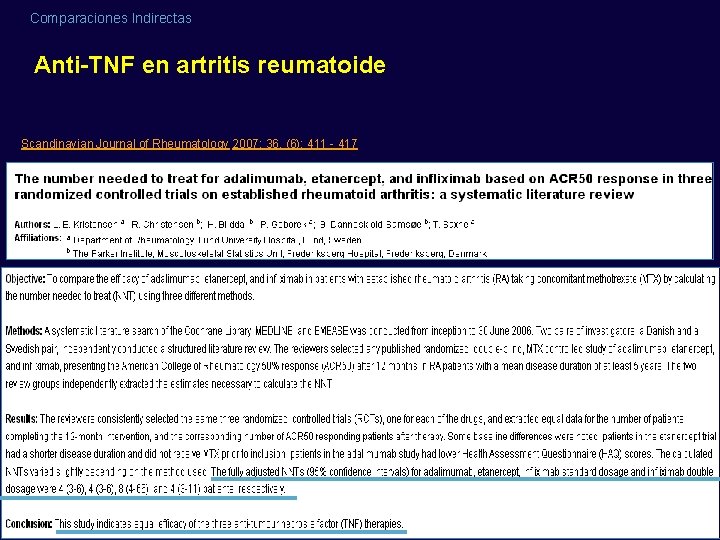 Comparaciones Indirectas Anti-TNF en artritis reumatoide Scandinavian Journal of Rheumatology 2007; 36, (6): 411 Comparaciones Indirectas Anti-TNF en artritis reumatoide Scandinavian Journal of Rheumatology 2007; 36, (6): 411