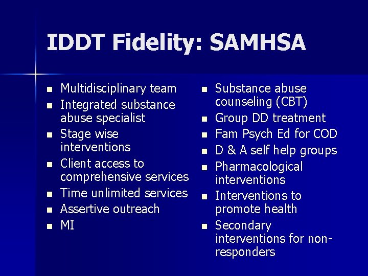 IDDT Fidelity: SAMHSA n n n n Multidisciplinary team Integrated substance abuse specialist Stage