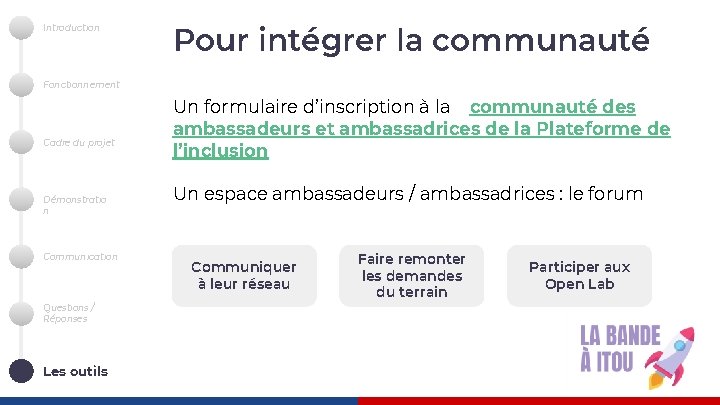Introduction Pour intégrer la communauté Fonctionnement Cadre du projet Démonstratio n Communication Questions /