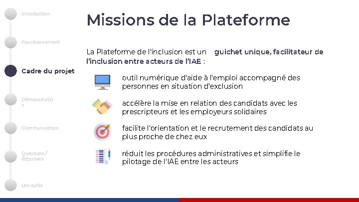 Introduction Missions de la Plateforme Fonctionnement La Plateforme de l’inclusion est un l’inclusion entre