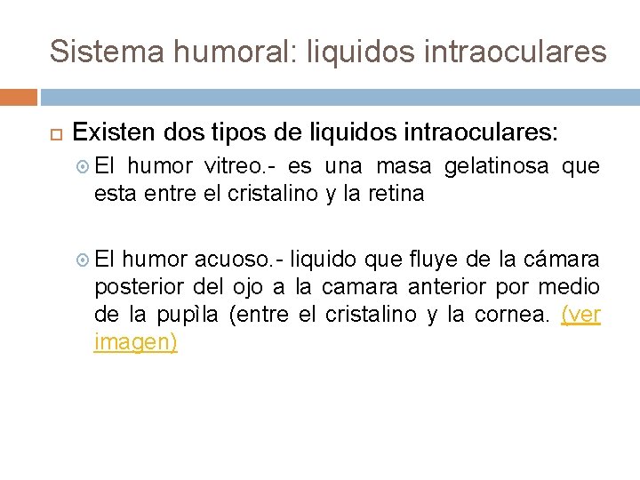Sistema humoral: liquidos intraoculares Existen dos tipos de liquidos intraoculares: El humor vitreo. - Sistema humoral: liquidos intraoculares Existen dos tipos de liquidos intraoculares: El humor vitreo. -