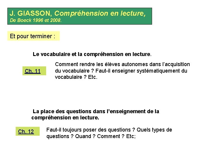 J. GIASSON, Compréhension en lecture, De Boeck 1996 et 2008. Et pour terminer :
