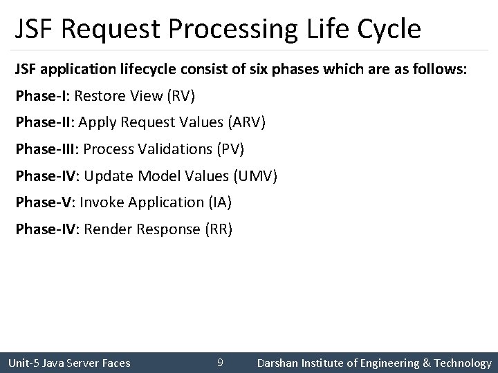 JSF Request Processing Life Cycle JSF application lifecycle consist of six phases which are