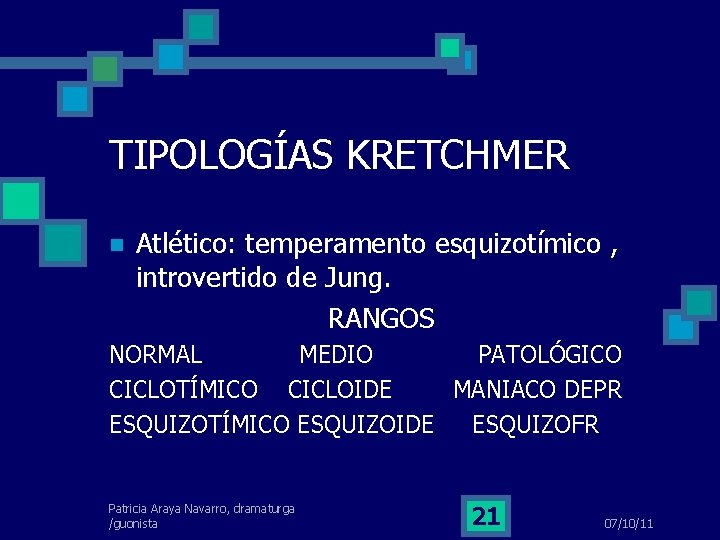 TIPOLOGÍAS KRETCHMER Atlético: temperamento esquizotímico , introvertido de Jung. RANGOS NORMAL MEDIO PATOLÓGICO CICLOTÍMICO