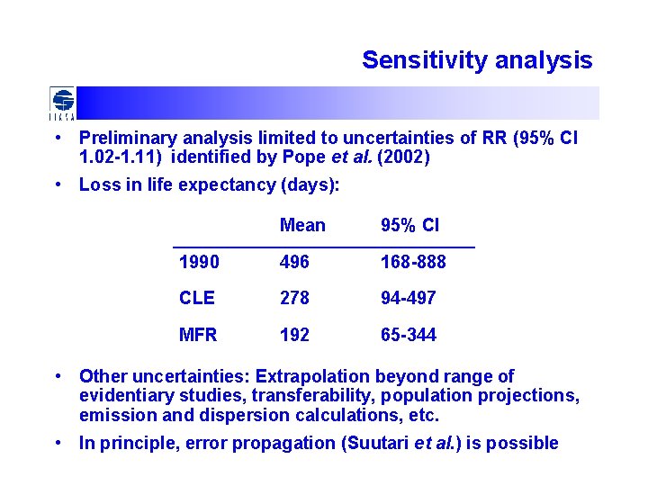 Sensitivity analysis • Preliminary analysis limited to uncertainties of RR (95% CI 1. 02