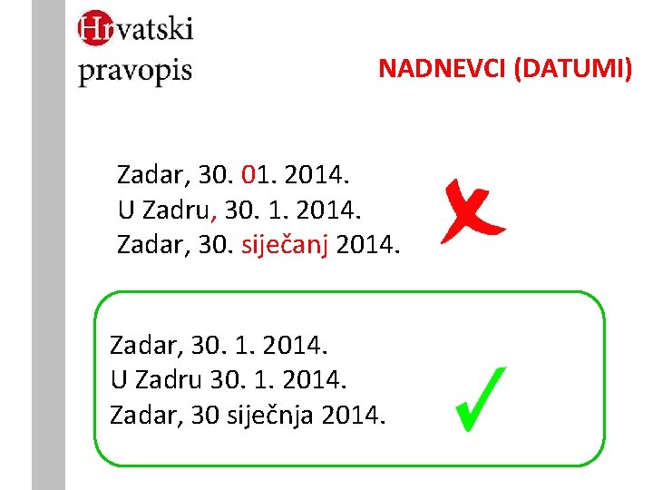 NADNEVCI (DATUMI) Zadar, 30. 01. 2014. U Zadru, 30. 1. 2014. Zadar, 30. siječanj