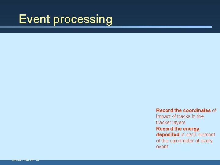 Event processing Record the coordinates of impact of tracks in the tracker layers Record