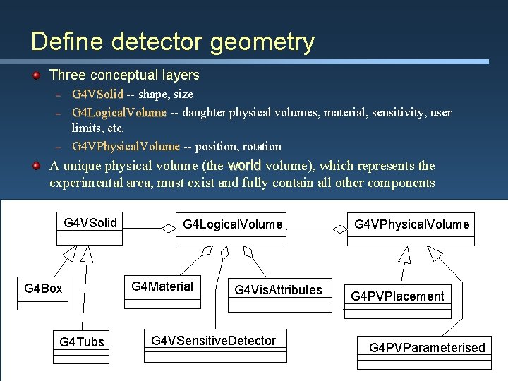 Define detector geometry Three conceptual layers – – – G 4 VSolid -- shape,