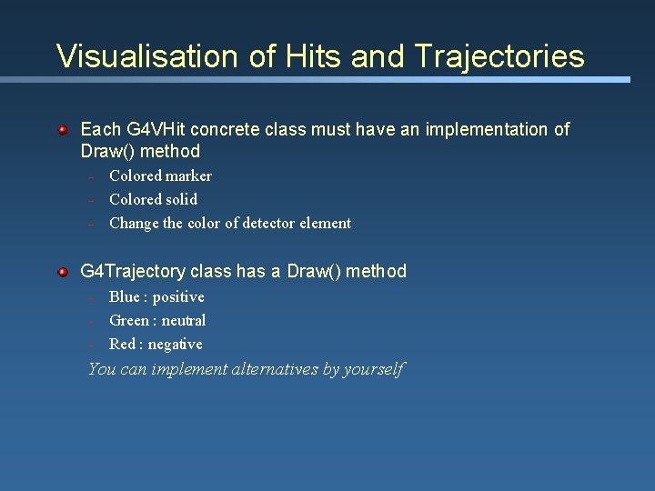 Visualisation of Hits and Trajectories Each G 4 VHit concrete class must have an