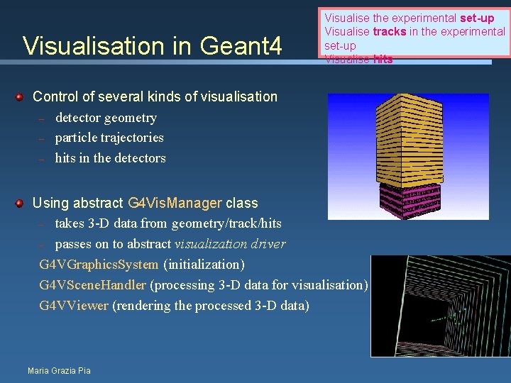 Visualisation in Geant 4 Visualise the experimental set-up Visualise tracks in the experimental set-up