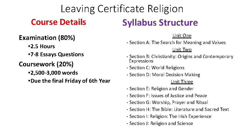 Leaving Certificate Religion Course Details Examination (80%) • 2. 5 Hours • 7 -8