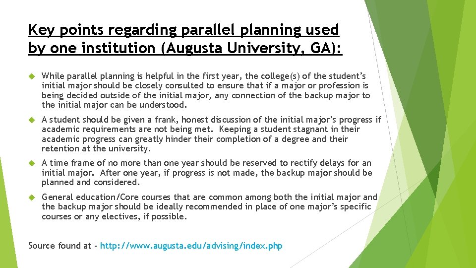 Key points regarding parallel planning used by one institution (Augusta University, GA): While parallel
