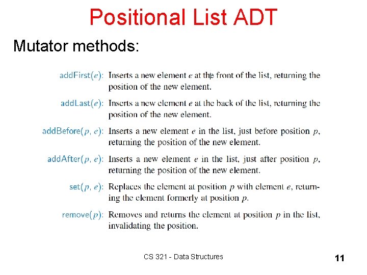Positional List ADT Mutator methods: CS 321 - Data Structures 11 