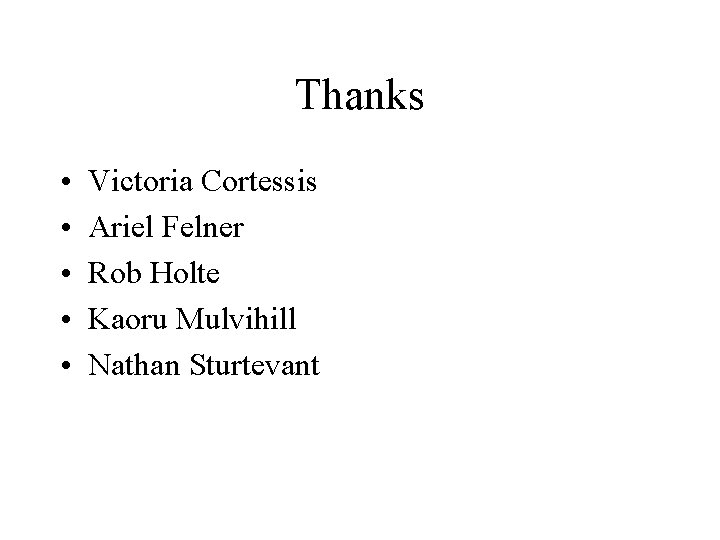 Thanks • • • Victoria Cortessis Ariel Felner Rob Holte Kaoru Mulvihill Nathan Sturtevant Thanks • • • Victoria Cortessis Ariel Felner Rob Holte Kaoru Mulvihill Nathan Sturtevant