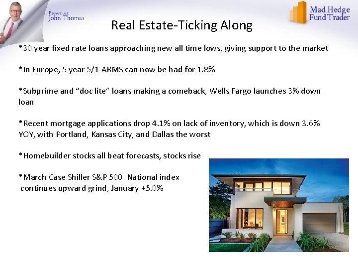 Real Estate-Ticking Along *30 year fixed rate loans approaching new all time lows, giving