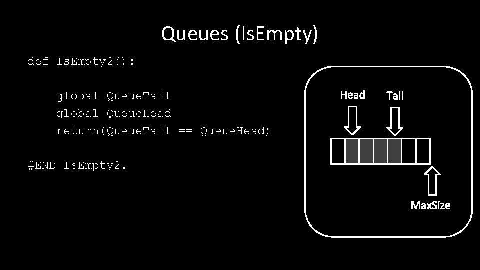 Queues (Is. Empty) def Is. Empty 2(): global Queue. Tail global Queue. Head return(Queue.