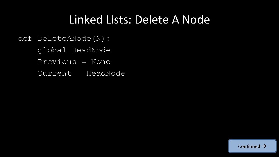 Linked Lists: Delete A Node def Delete. ANode(N): global Head. Node Previous = None