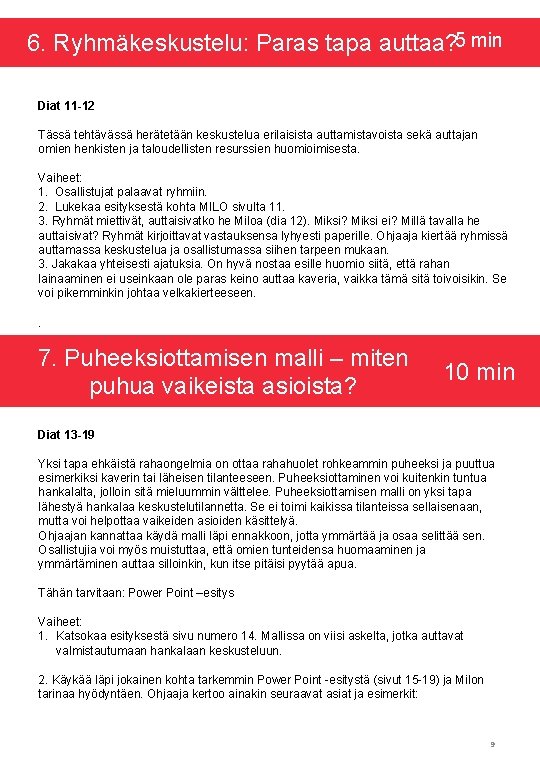 6. Ryhmäkeskustelu: Paras tapa auttaa? 5 min Diat 11 -12 Tässä tehtävässä herätetään keskustelua