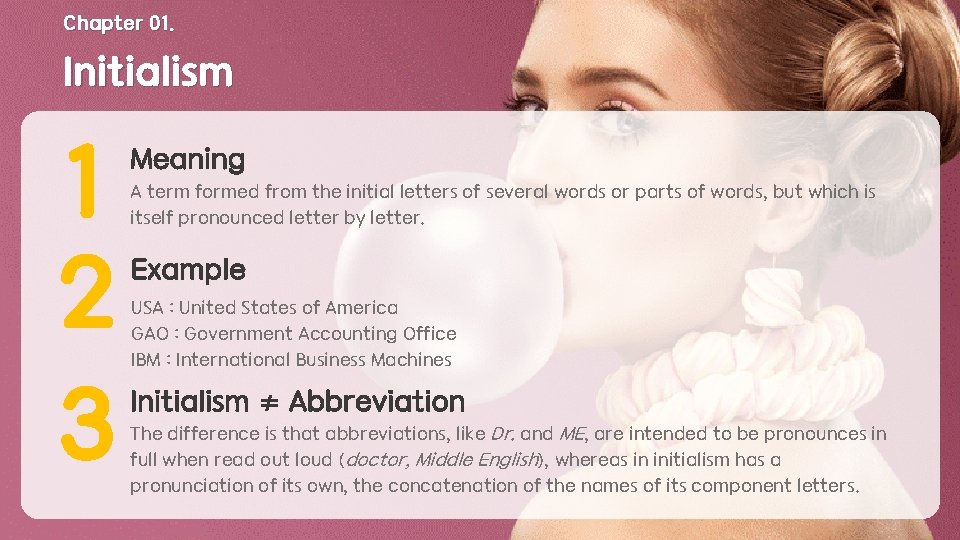 Chapter 01. Initialism 1 2 3 Meaning A term formed from the initial letters