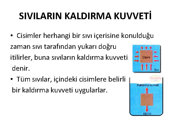 SIVILARIN KALDIRMA KUVVETİ • Cisimler herhangi bir sıvı içerisine konulduğu zaman sıvı tarafından yukarı