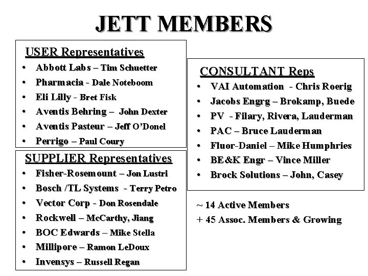 JETT MEMBERS USER Representatives • • • Abbott Labs – Tim Schuetter Pharmacia - JETT MEMBERS USER Representatives • • • Abbott Labs – Tim Schuetter Pharmacia -