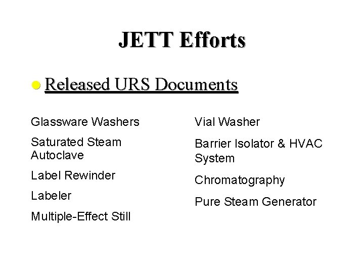 JETT Efforts l Released URS Documents Glassware Washers Vial Washer Saturated Steam Autoclave Barrier JETT Efforts l Released URS Documents Glassware Washers Vial Washer Saturated Steam Autoclave Barrier