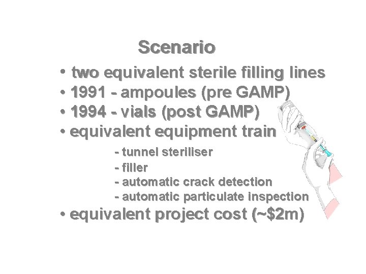 Scenario • two equivalent sterile filling lines • 1991 - ampoules (pre GAMP) • Scenario • two equivalent sterile filling lines • 1991 - ampoules (pre GAMP) •