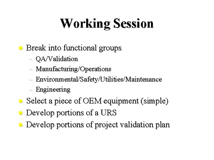 Working Session l Break into functional groups – – l l l QA/Validation Manufacturing/Operations Working Session l Break into functional groups – – l l l QA/Validation Manufacturing/Operations