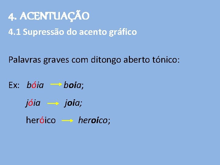 4. ACENTUAÇÃO 4. 1 Supressão do acento gráfico Palavras graves com ditongo aberto tónico: