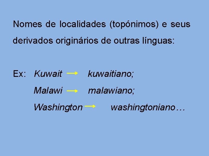 Nomes de localidades (topónimos) e seus derivados originários de outras línguas: Ex: Kuwait kuwaitiano;