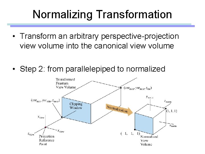 Normalizing Transformation • Transform an arbitrary perspective-projection view volume into the canonical view volume