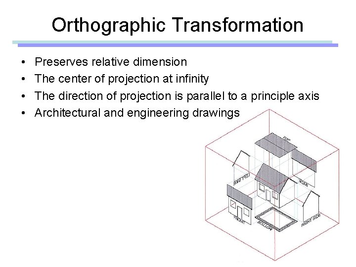 Orthographic Transformation • • Preserves relative dimension The center of projection at infinity The