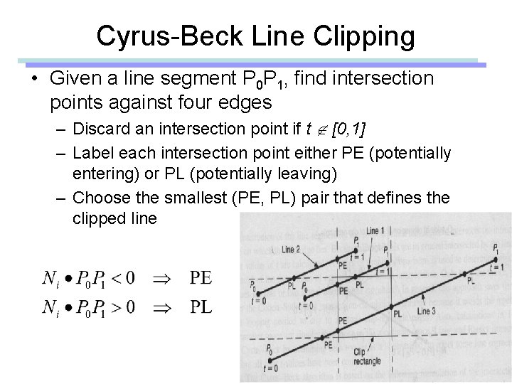 Cyrus-Beck Line Clipping • Given a line segment P 0 P 1, find intersection