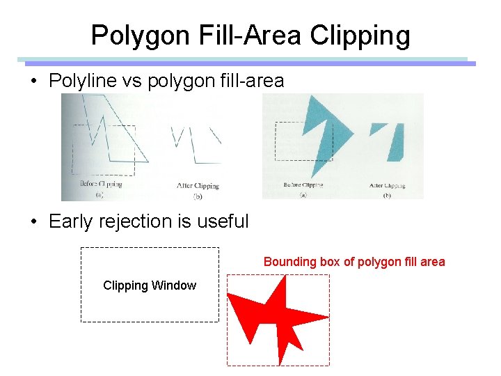 Polygon Fill-Area Clipping • Polyline vs polygon fill-area • Early rejection is useful Bounding